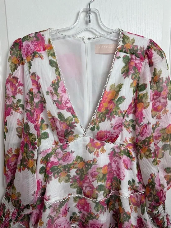 Keepsake Oblivion Tiered Mini Dress Size XS White Pink Floral - Picture 9 of 15